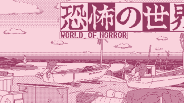 the splash page for WORLD OF HORROR, with a view of the seaside