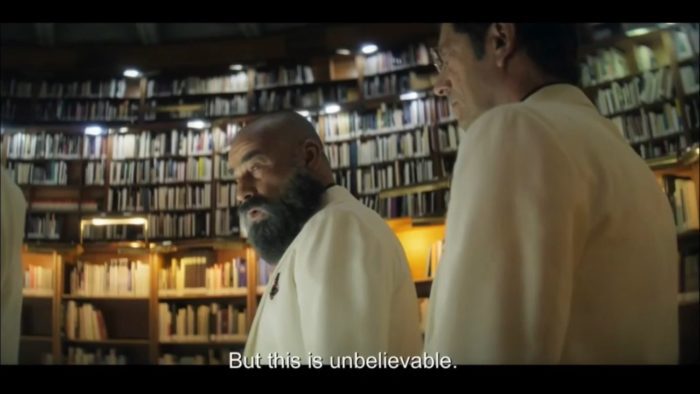 Padre Vergara and Cardenal Santoro tour through the Vatican archives, where Vergara seems the actual gospel of Jesus Christ