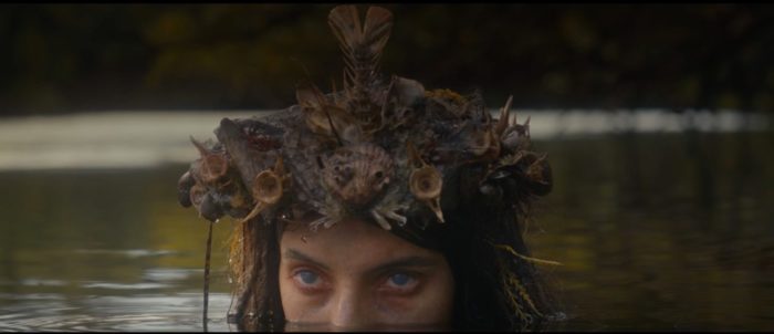 A woman wearing a crown made of baby birds sticks her head out of water