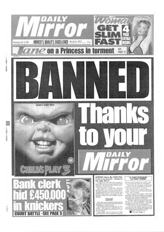A scan of the April 13, 1994, edition of The Daily Mirror with the headline "BANNED" above the poster for Child's Play 3