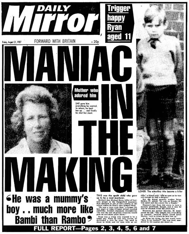 Front page of The Daily Mirror from August 21, 1987 with the headline "Maniac in the Making" referring to Michael Ryan and The Hungerford Massacre