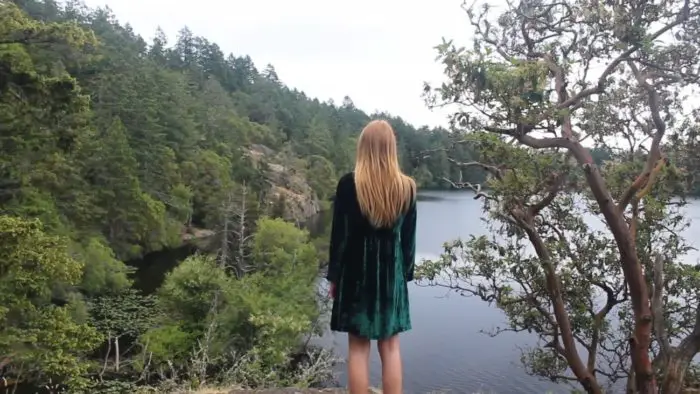 Willow stands on a cliffside in a green dress facing away from the camera in Honeycomb