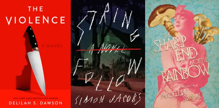 Three book covers. "The Violence", "String Follow", and "Sharp End of the Rainbow".