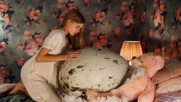 A girl caring for a large egg