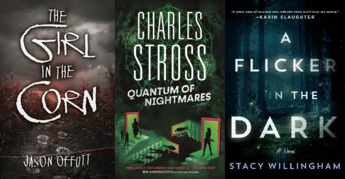 Collage of book covers, "The Girl In The Corn, "Quantum of Nightmares", and "A Flicker In The Dark"