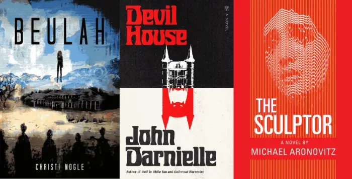 A collage of book covers, "Beulah", "Devil House", and "The Sculptor"