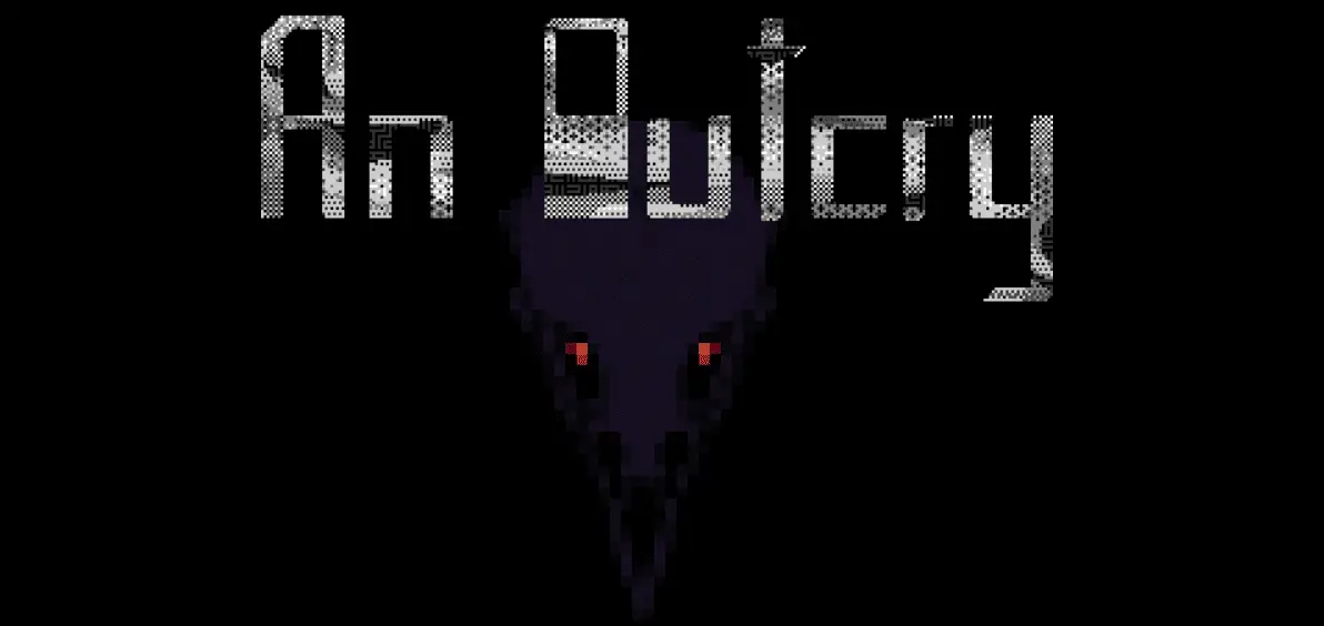 the title AN OUTCRY is displayed above a bird's skull with glowing red eyes