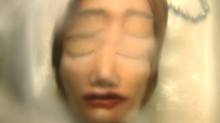 a distorted woman's face