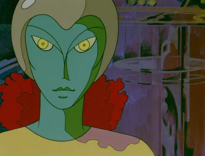 Alma, a green skinned, yellow-eyed humanoid alien with red hair, stares into the camera in Delta Space Mission