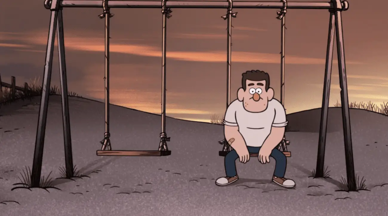 A young Stan Pines sits alone on a swing in Gravity Falls.