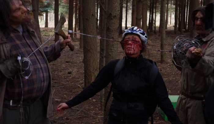 Sawtooth and Three Fingers brutally take down a biker in the woods with barbed wire to the face!