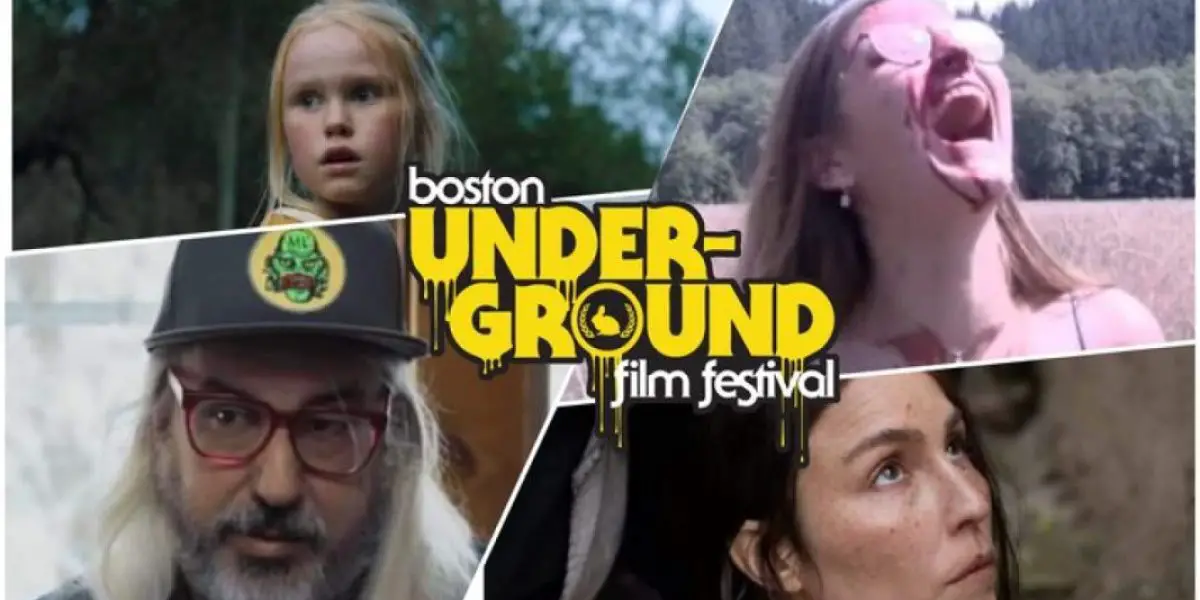 Boston Underground Film Festival collage with scenes from The Innocents (top left), Honeycomb (top right), You Won't Be Alone (bottom right), and Freakscene: The Story of Dinosaur Jr (bottom left).