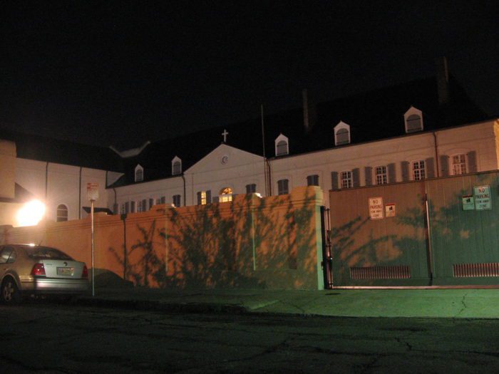 A current picture of the Ursuline Convent at night.