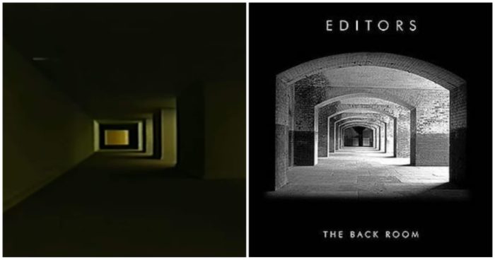 The left side shows the endless darkened hallways in Kane Pixels' The Backrooms (Found Footage) while the right side shows Editors' album art for The Back Room