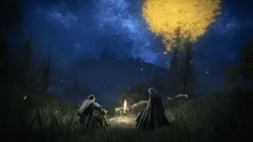 A warrior and a maiden sit together under a starry sky. A massive tree can be seen far off in the distance