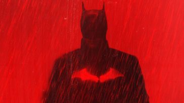 The Batman poster depicting Batman in the rain over red hues.