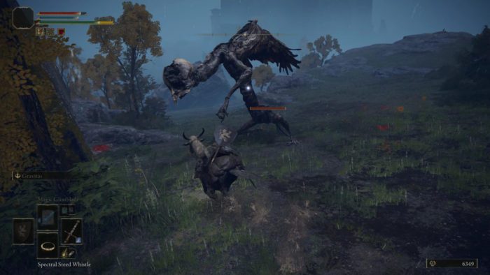 a large skeletal bird creature approaches a warrior on horseback