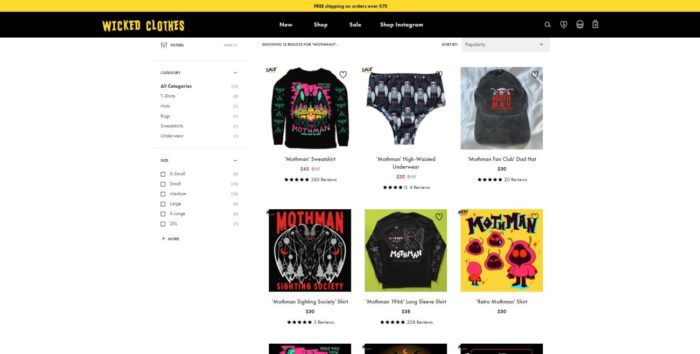 The hyper stylized Mothman clothes from Wicked Clothing