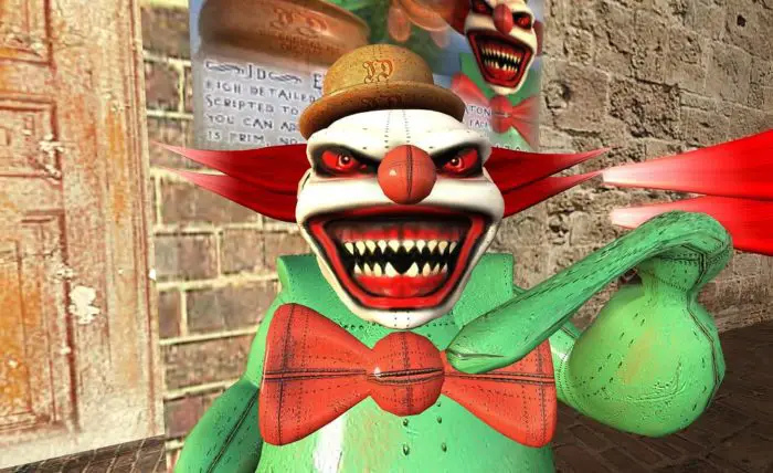 A sinister looking colorful plastic clown grins showing a row of sharp teeth.