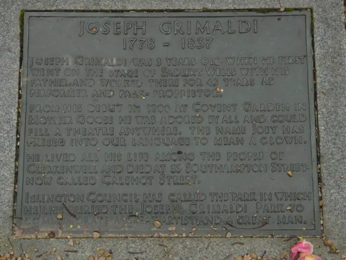 A close up of Joseph Grimaldi's grave stone.