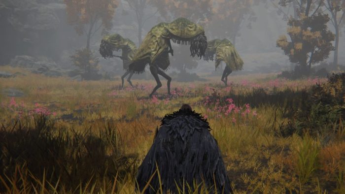 a group of humanoids with worm-like faces patrol a woodland area