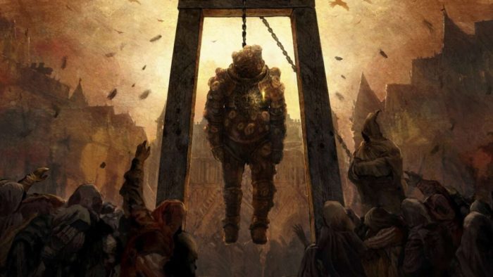 a manin a suit of armor is hanged at the gallows while a group of people watch