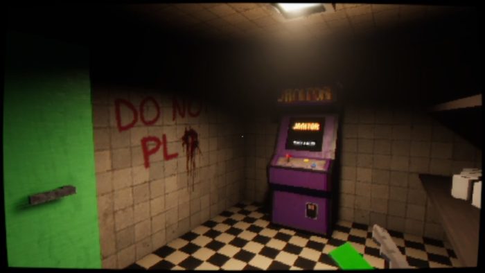  a purple arcade cabinet sits in a closet. DO NOT PLAY is written in blood on the wall