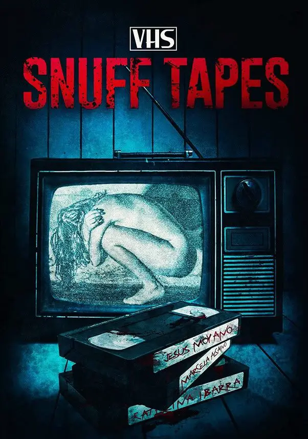 Poster for the film Snuff Tapes, showing a woman bent over in the fetal position depicted on a black and white television