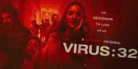 The title card for Shudder exclusive Virus: 32 shows (from left) Luis, Tata, and Iris escaping a horde of zombies