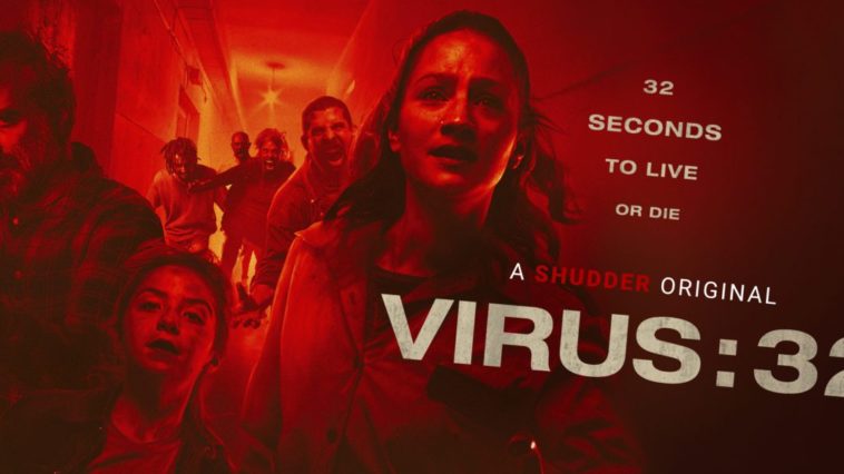 The title card for Shudder exclusive Virus: 32 shows (from left) Luis, Tata, and Iris escaping a horde of zombies