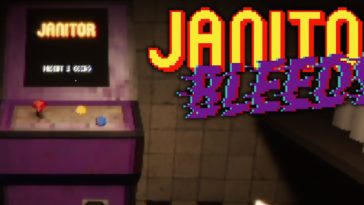 a purple arcade cabinet with the title "JANITOR BLEEDS"
