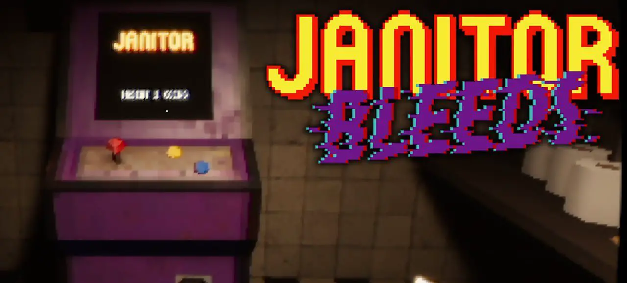 a purple arcade cabinet with the title "JANITOR BLEEDS"