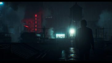 Alan Wake walks across a rooftop at night with heavy rain overhead. a light can be seen in the distance