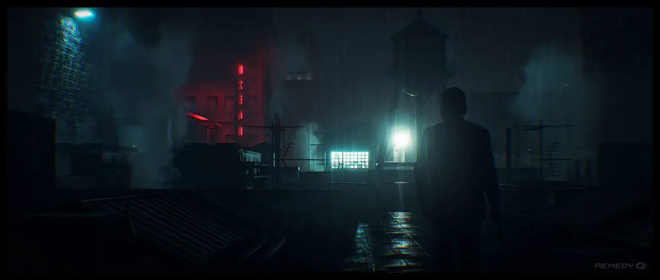 Alan Wake walks across a rooftop at night with heavy rain overhead. a light can be seen in the distance