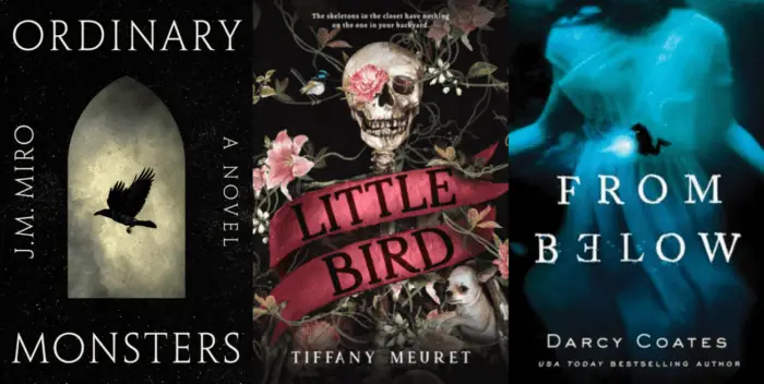 Book covers for Ordinary Monsters, Little Bird, and From Below.