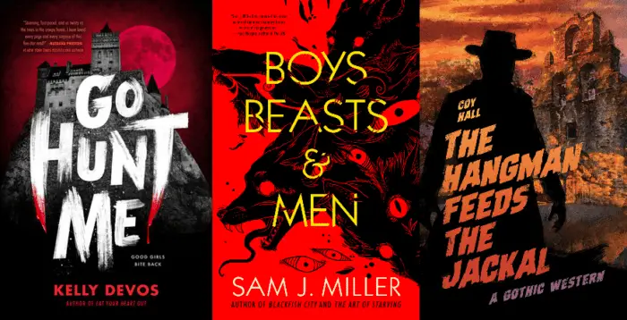 Book covers for Go Hunt Me, Boys Beasts & Men, and The Hangman Feeds the Jackal