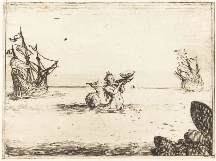 A painting of a mermaid perched on a rock in the middle of the sea with a 17th century style ship in the background.