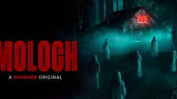 The banner art for Shudder's Moloch shows ghosts surrounding a fog laden cabin in the woods where a red light eminates from
