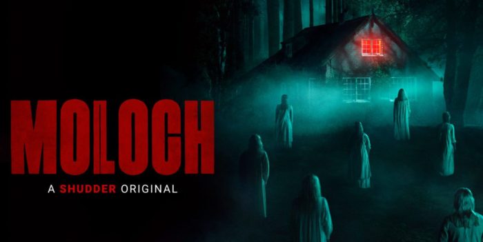 The banner art for Shudder's Moloch shows ghosts surrounding a fog laden cabin in the woods where a red light eminates from