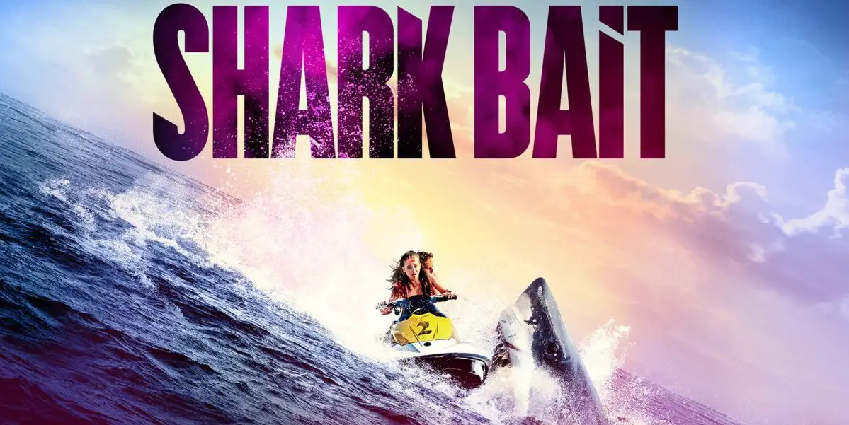 The poster image for Shark Bait shows Nat and Tom on a Jet ski avoiding a biting shark