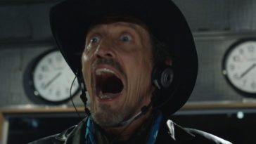 Stephen McHattie, in a cowboy hat, his eyes and mouth wide open, as the shock jock from Pontypool.