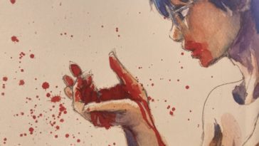 Illustration of Okazaki shows blood on his mouth and hands