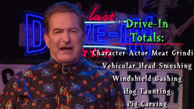 Joe Bob listing the drive-in totals for Slaughterhouse