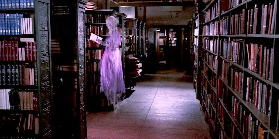 a ghost floats in a library, reading a book