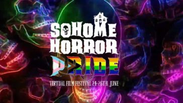 the logo for SOHOME HORROR PRIDE 2022,, with flashing rainbow skulls behind the text.
