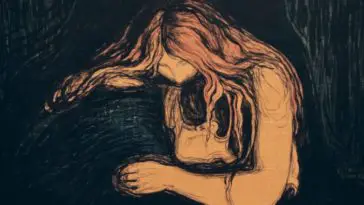 A painting of a woman embracing someone, her mouth on his or her neck.