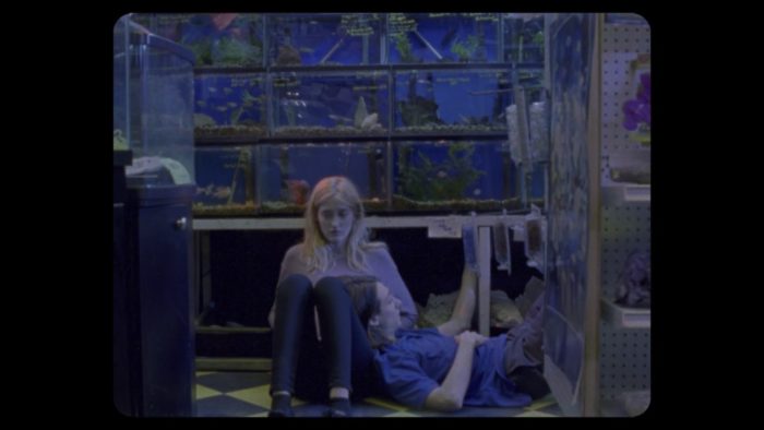 A woman sits on the ground with a man's head resting in her lap, a display of aquariums surround them in Giving Birth to a Butterfly 