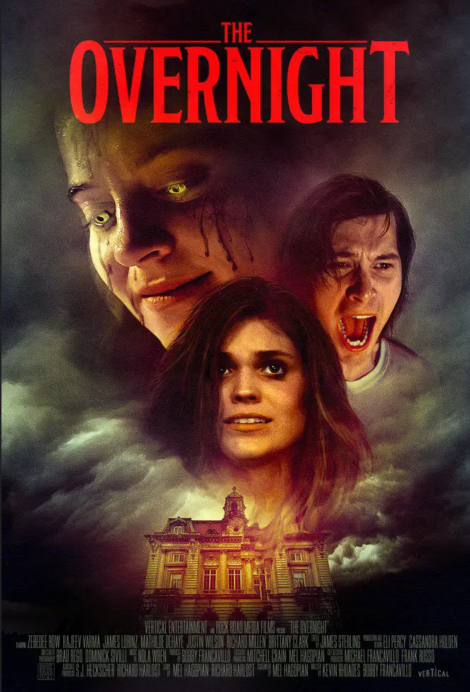 The poster for The Overnight shows a demonic face with yellow eyes looming over David, Jessie, and Monroe Manor