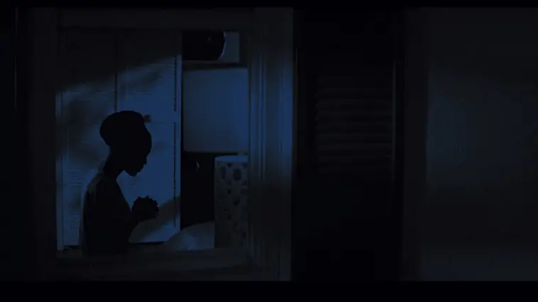 Abena's shadow appears on a door, with tree branch shadows looking like fingers reaching out in The Unsettling