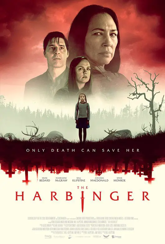 The Harbinger poster shows a little girl between two dead deer, a red sky highlighting other cast member faces behind her.